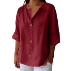 Women's relaxed V-neck shirt with button front and 3/4 sleeves