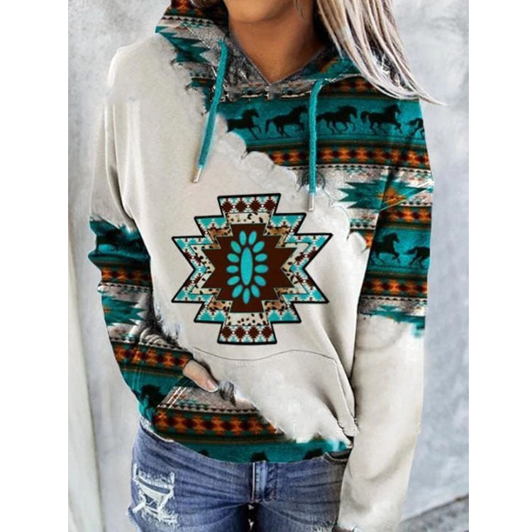 Women's hooded sweatshirt with Aztec geometric patterned panels and kangaroo pocket