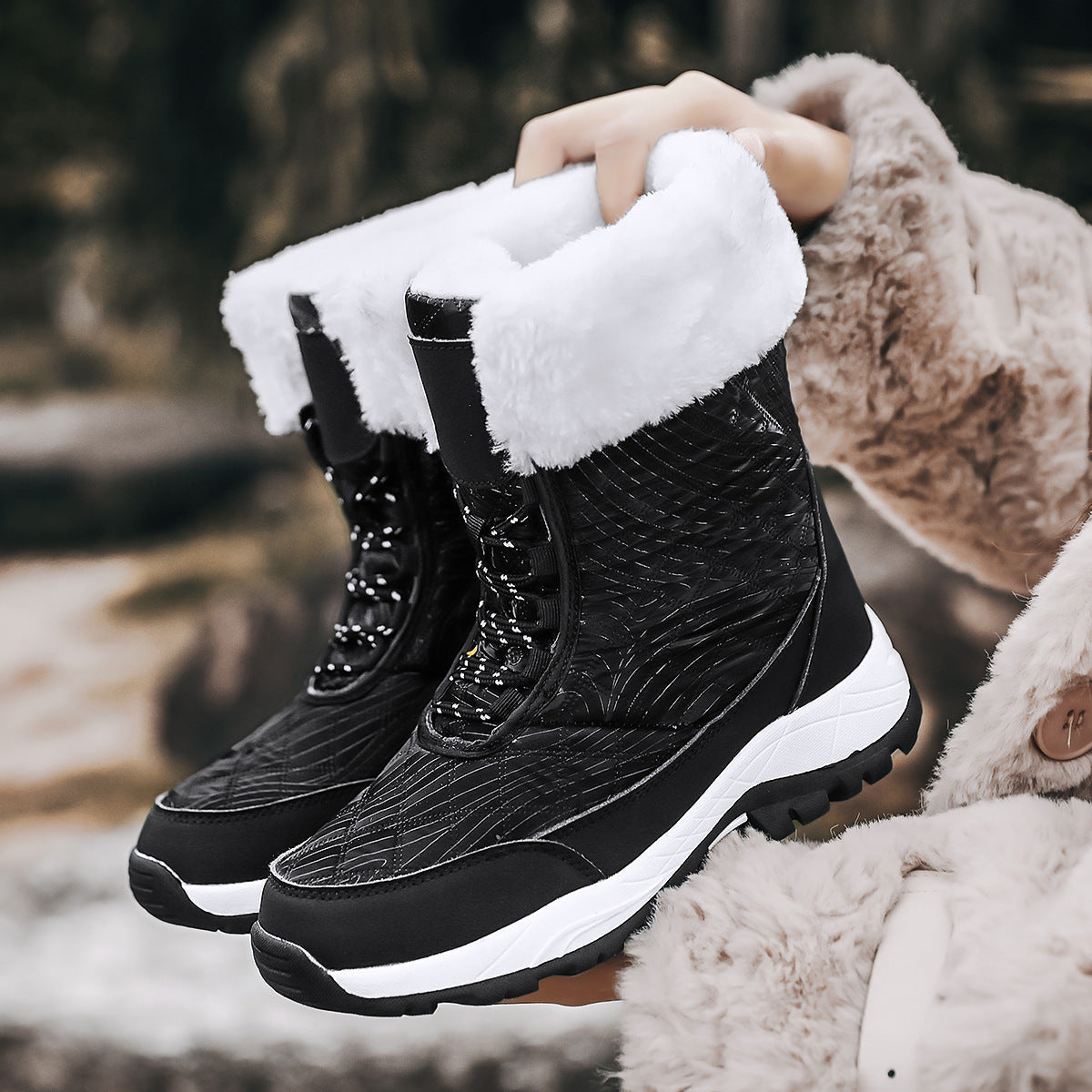 Winter snow boots with faux fur cuff and lug sole