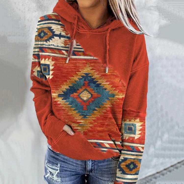 Women's hooded sweatshirt with Aztec geometric patterned panels and kangaroo pocket