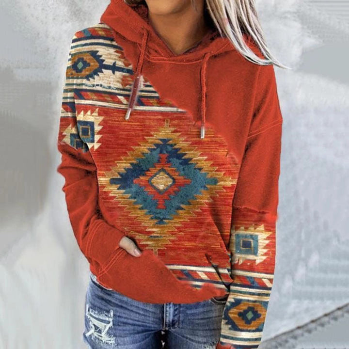 Women's hooded sweatshirt with Aztec geometric patterned panels and kangaroo pocket