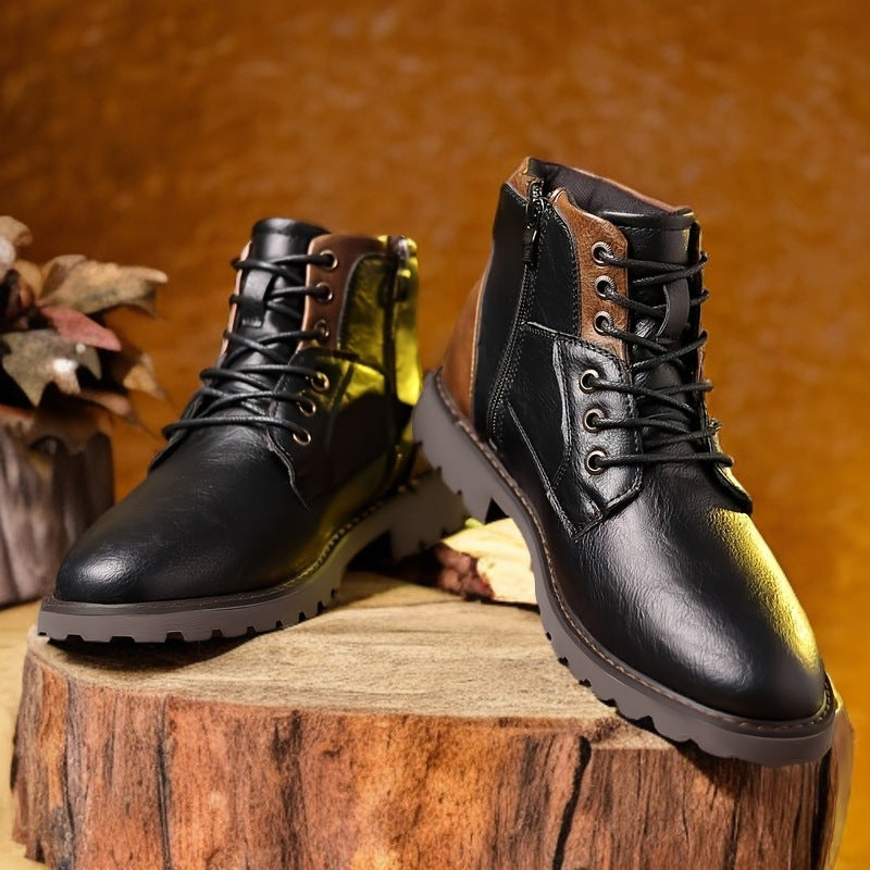 Men's lace-up ankle boots with contrasting panels and lug sole
