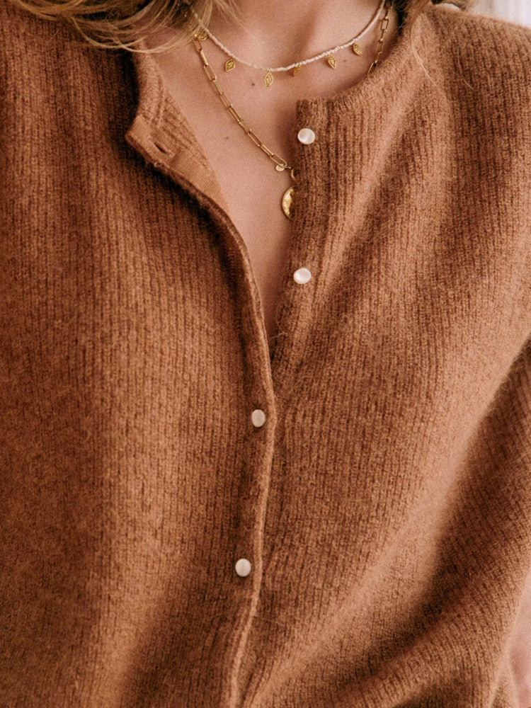 Women's knit V-neck cardigan with button front and long sleeves