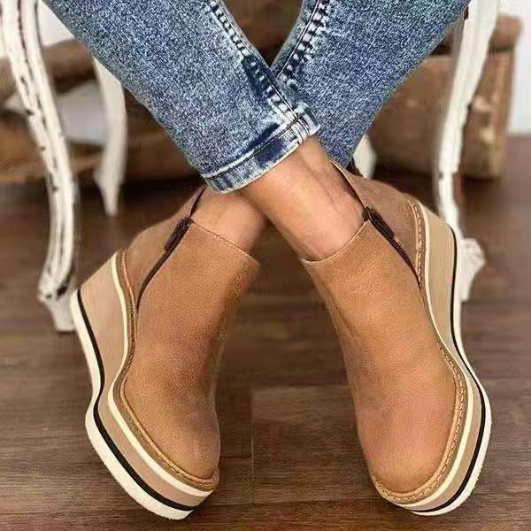 Women's animal print platform wedge ankle boots with rounded toes