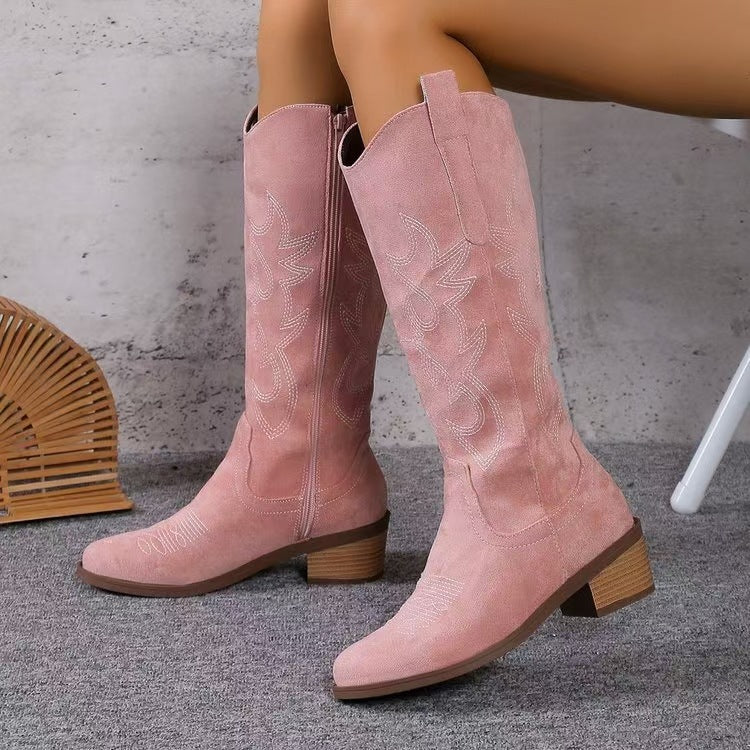 Women's Western knee-high boots with block heel and stitched detailing