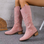 Women's Western knee-high boots with block heel and stitched detailing