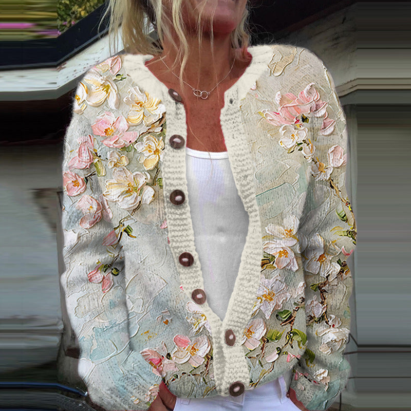 Women's floral button front cardigan with long sleeves and V-neck