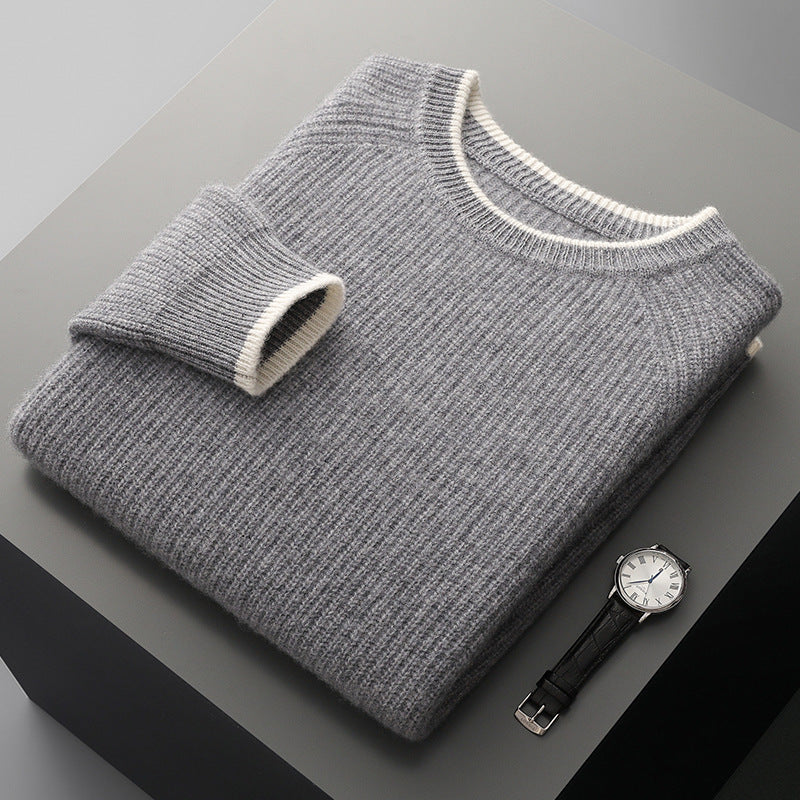 Folded ribbed crew neck sweater with contrasting trim