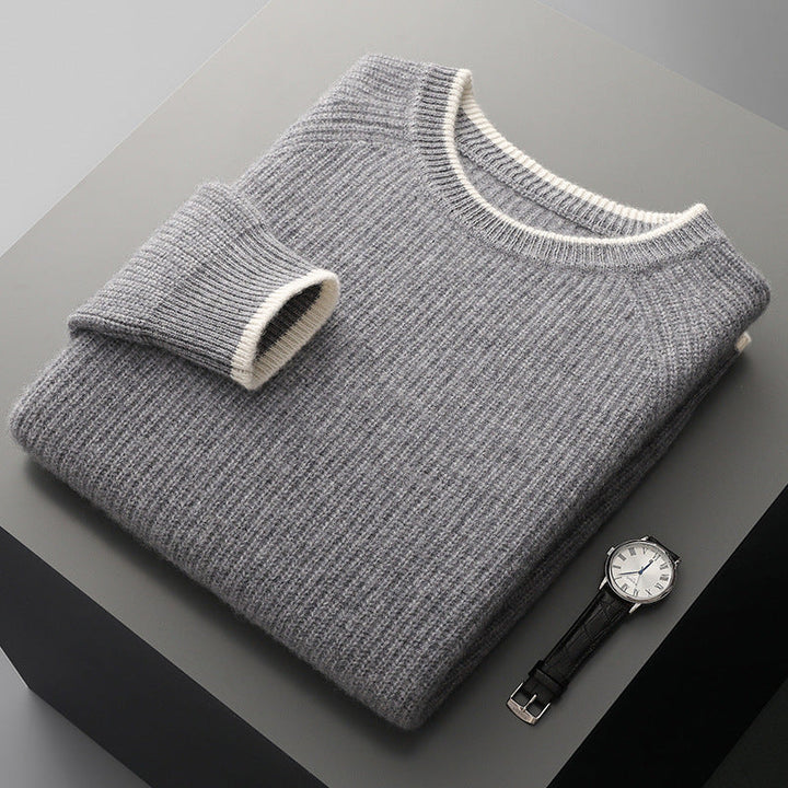 Folded ribbed crew neck sweater with contrasting trim
