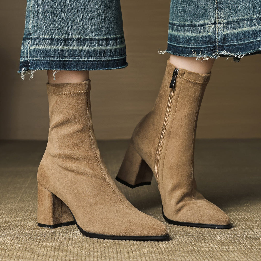 Women's ankle boots with pointed toes, side zips and high block heels