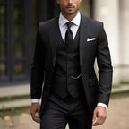 Men's three-piece suit with tailored jacket, button waistcoat and matching trousers