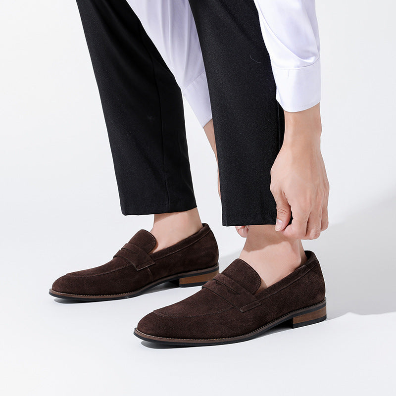 Men's penny loafer with almond toe, vamp strap and low heel