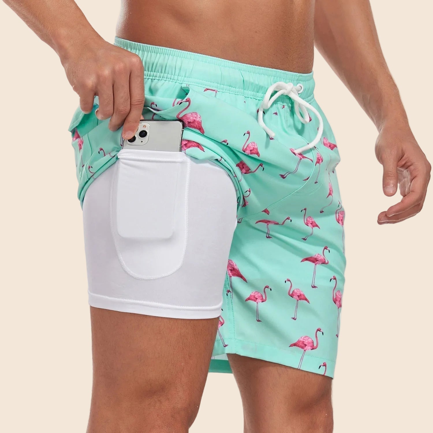Men's slim fit swim shorts with printed pattern and interior lining, drawstring waist