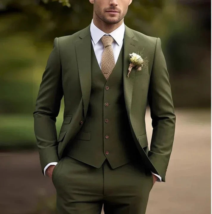 Men's three-piece suit with tailored jacket, button waistcoat and matching trousers