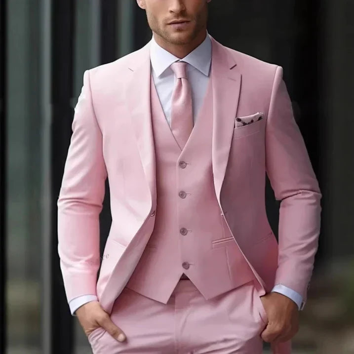 Men's three-piece suit with tailored jacket, button waistcoat and matching trousers