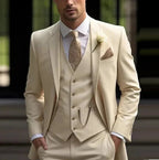 Men's three-piece suit with tailored jacket, button waistcoat and matching trousers