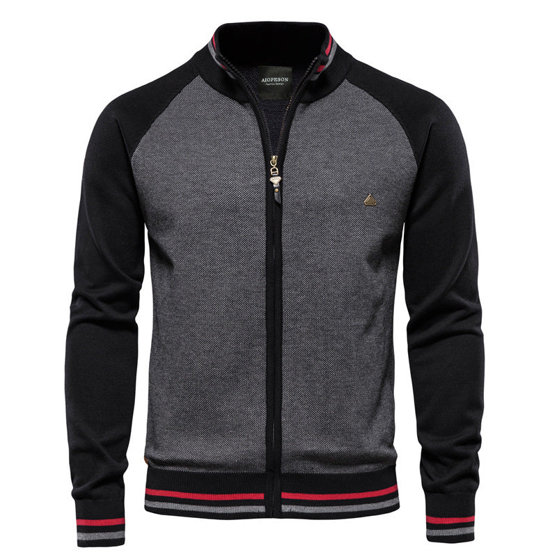 Long-sleeve textured knit cardigan with stand collar and front zip