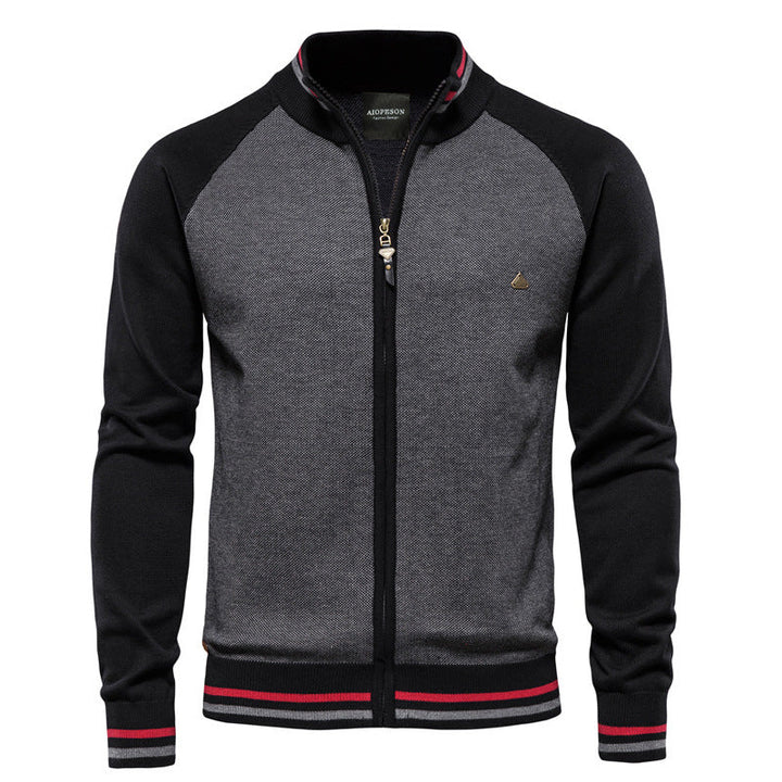 Long-sleeve textured knit cardigan with stand collar and front zip
