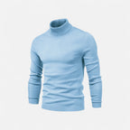 Men's half-zip knit sweater with raised turtleneck collar