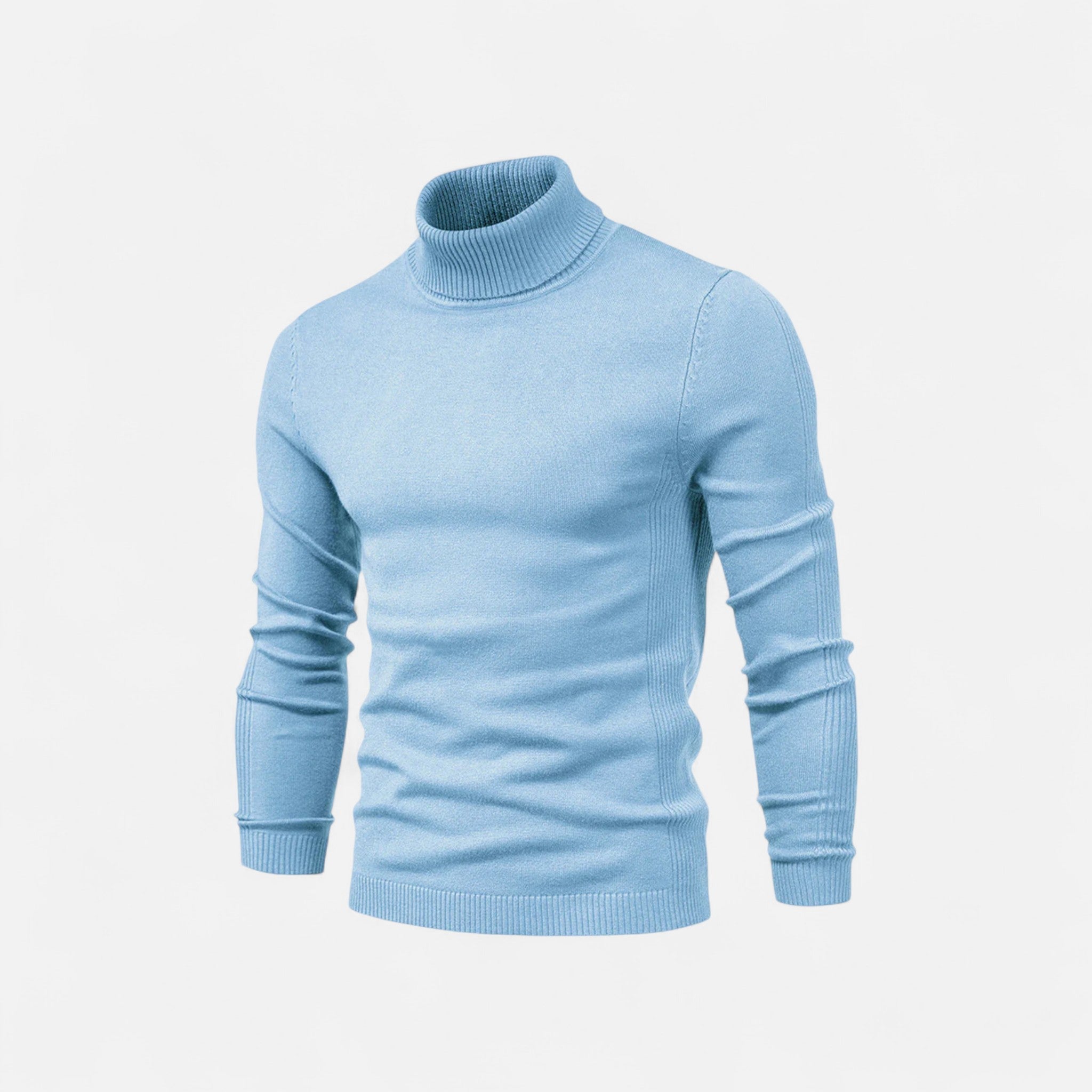 Men's half-zip knit sweater with raised turtleneck collar