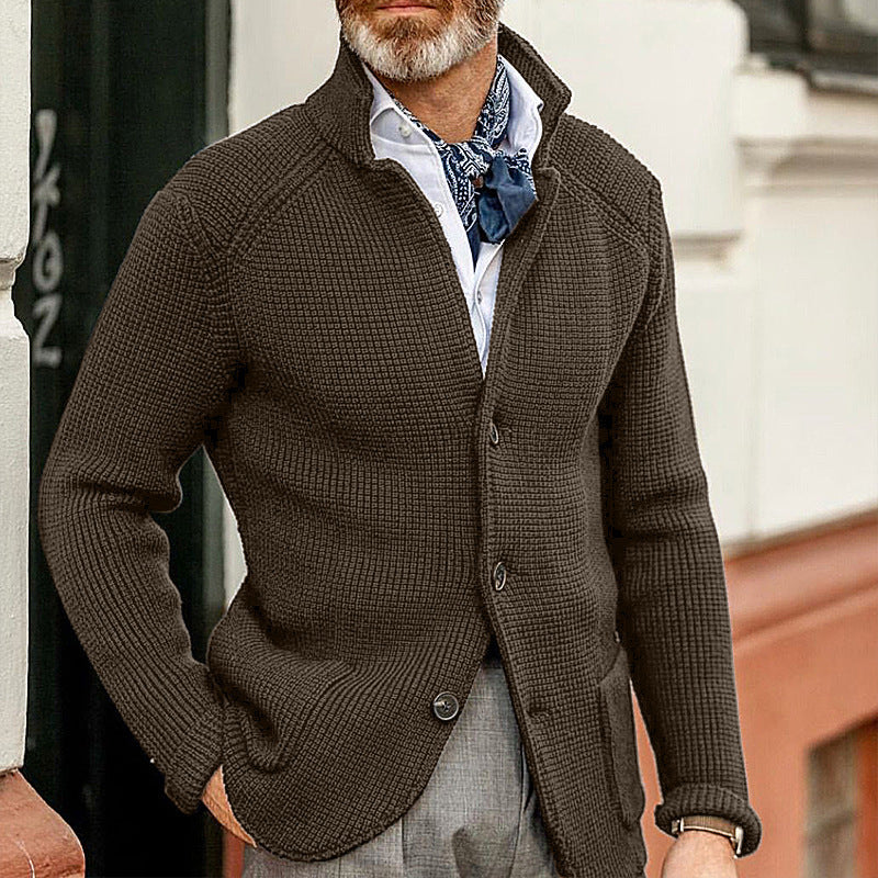 Men's textured knit button cardigan with stand collar