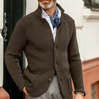 Men's textured knit button cardigan with stand collar