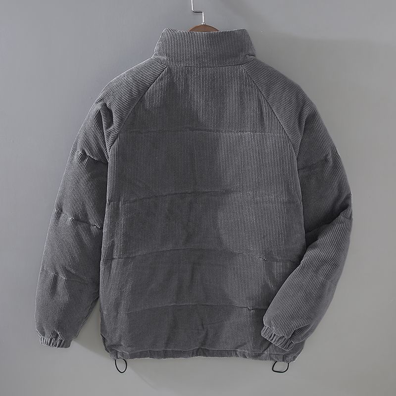 Men's ribbed corduroy-style hooded puffer jacket with pockets