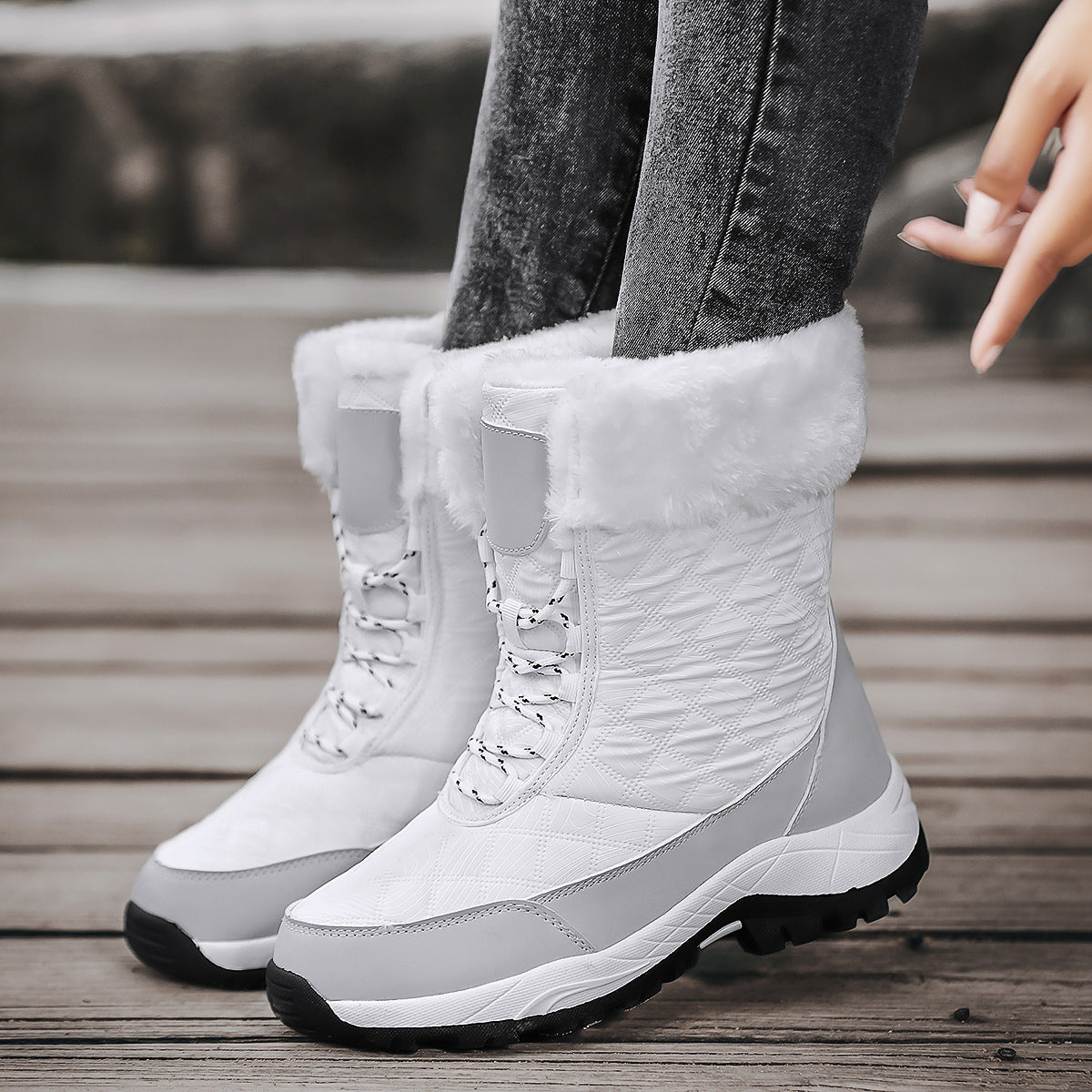 Winter snow boots with faux fur cuff and lug sole