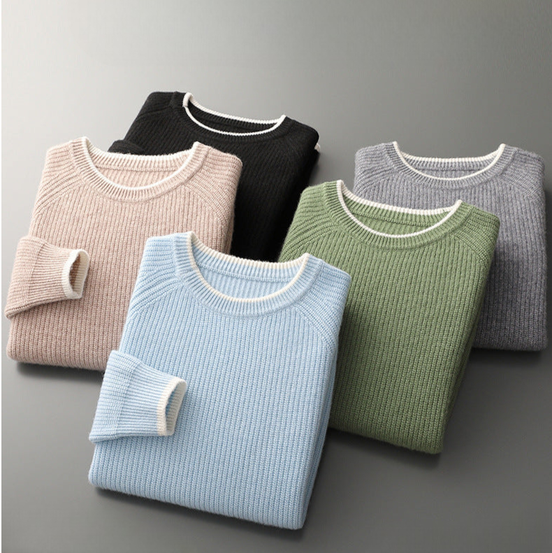 Folded ribbed crew neck sweater with contrasting trim