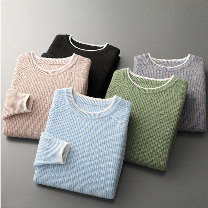Folded ribbed crew neck sweater with contrasting trim