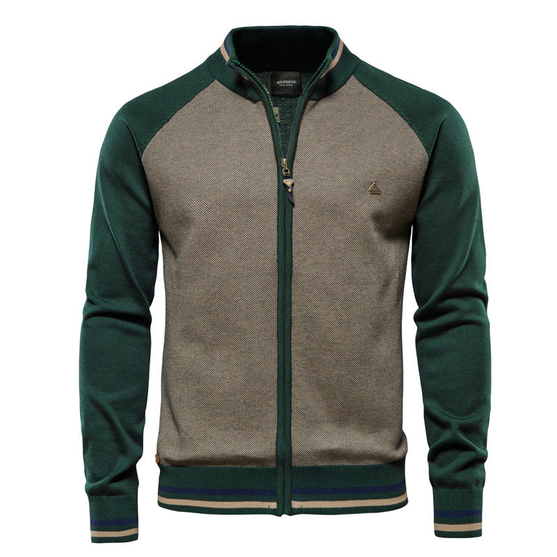 Long-sleeve textured knit cardigan with stand collar and front zip