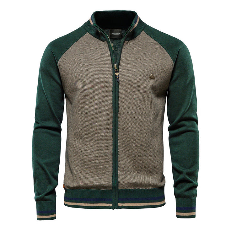 Long-sleeve textured knit cardigan with stand collar and front zip