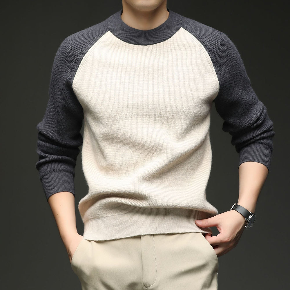 Men's two-tone crew-neck sweater with long raglan sleeves and ribbed trims