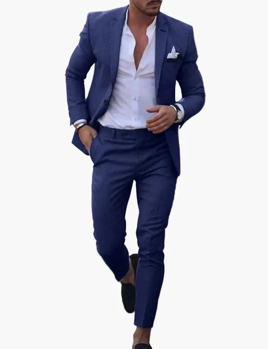 Men's slim fit suit set with notched-lapel blazer and tapered trousers