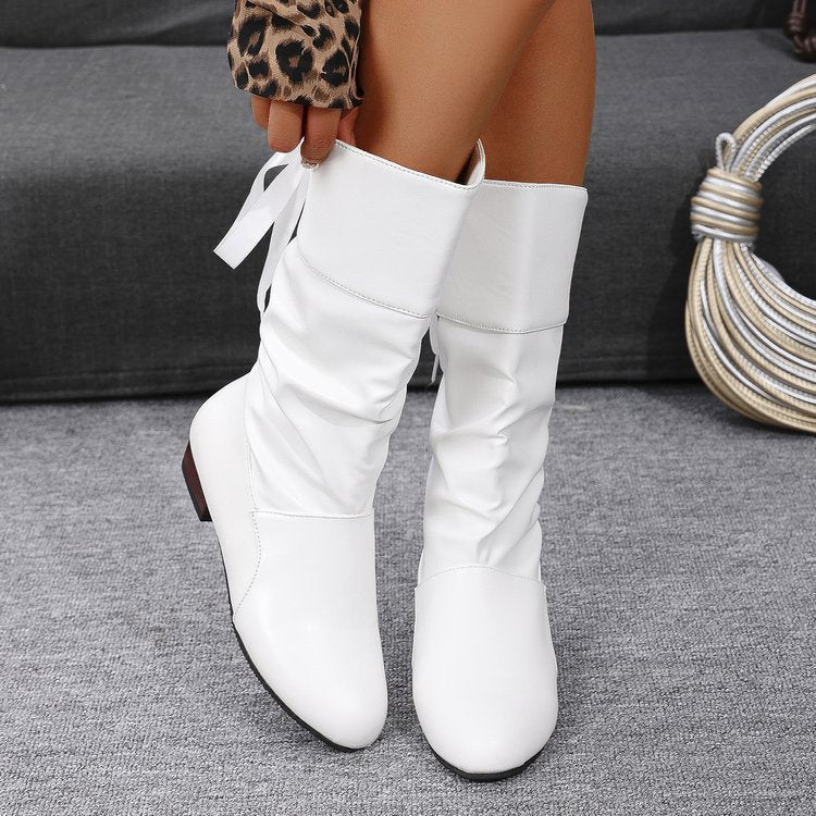 Women's ruched knee-high boots with low block heels