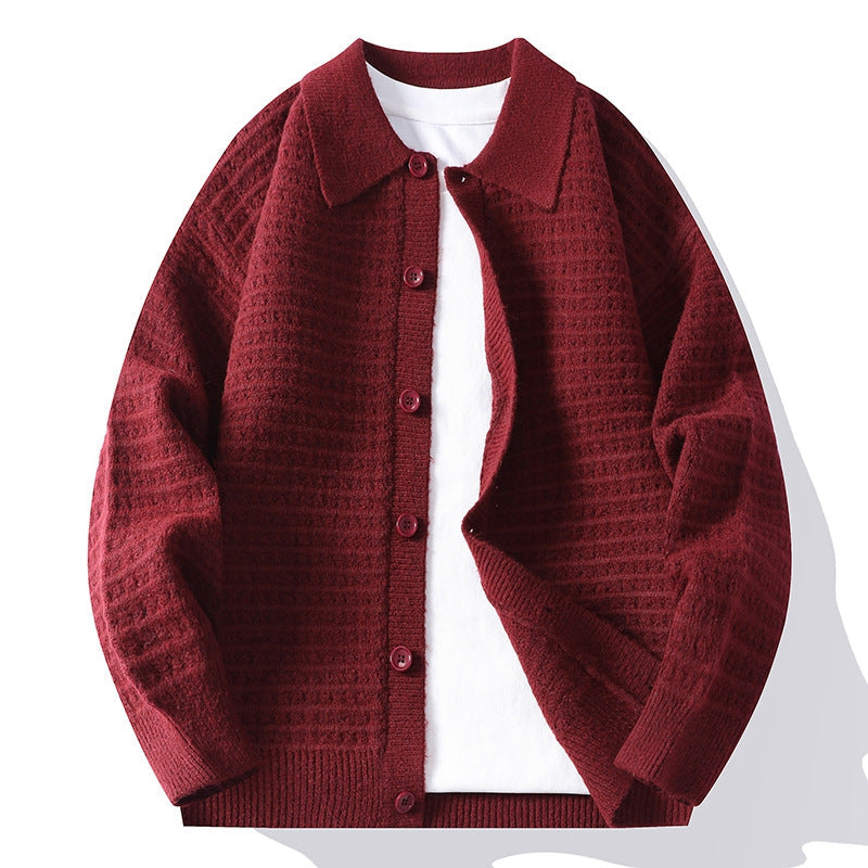 Men's waffle knit button-front cardigan with shirt collar