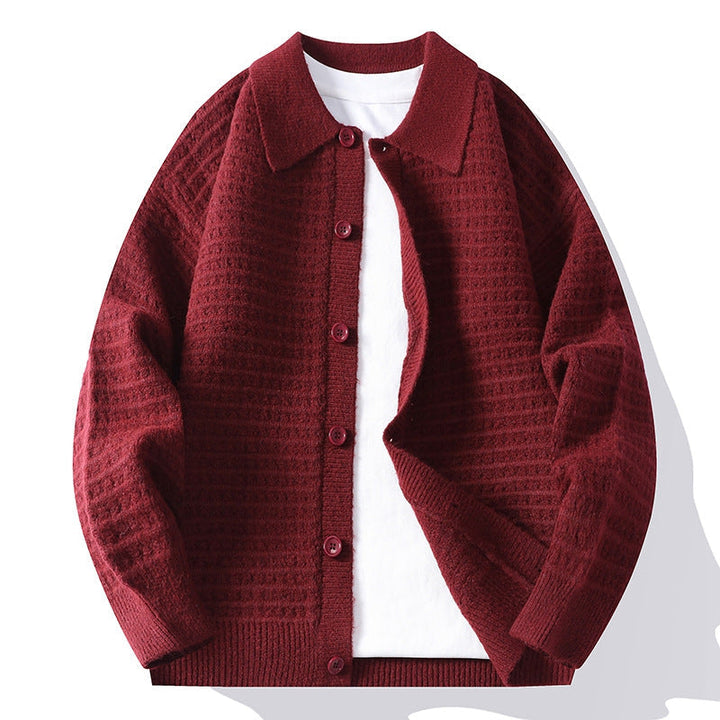 Men's waffle knit button-front cardigan with shirt collar