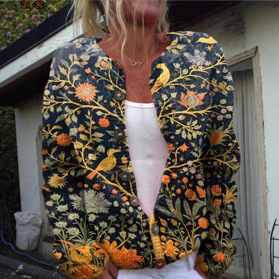 Women's floral button front cardigan with long sleeves and V-neck