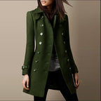 Women's mid-length double-breasted trench coat with buckle cuffs