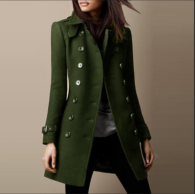 Women's mid-length double-breasted trench coat with buckle cuffs
