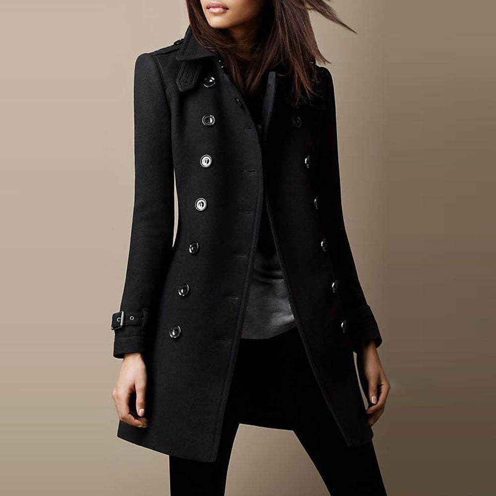 Women's mid-length double-breasted trench coat with buckle cuffs