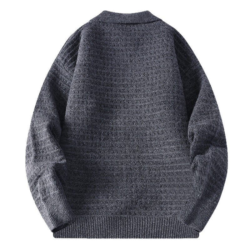 Men's waffle knit button-front cardigan with shirt collar