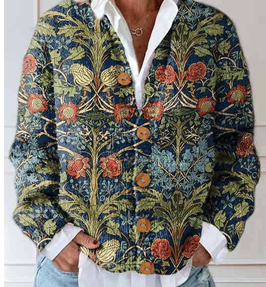 Women's floral button front cardigan with long sleeves and V-neck