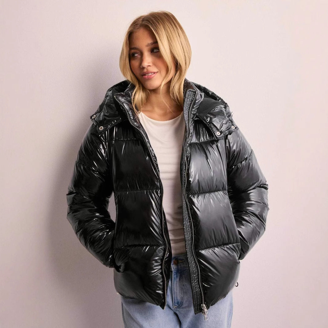 Women's shiny quilted hooded puffer jacket with leopard cuffs