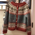 Women's Nordic pattern knit cardigan with round neck and button front