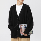Women's oversized ribbed V-neck cardigan with buttons and patch pockets