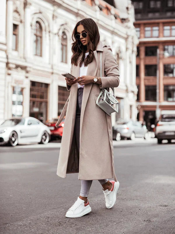 Women's long open-front coat with lapel collar and side pockets