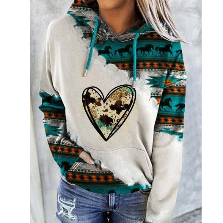 Women's hooded sweatshirt with Aztec geometric patterned panels and kangaroo pocket