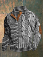 Men's textured patterned jumper with button collar, long sleeves and elbow patches