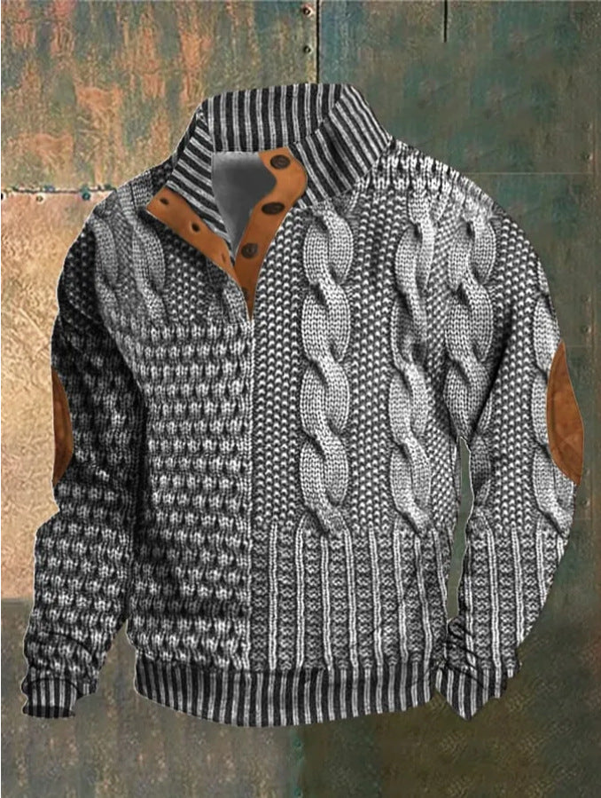 Men's textured patterned jumper with button collar, long sleeves and elbow patches